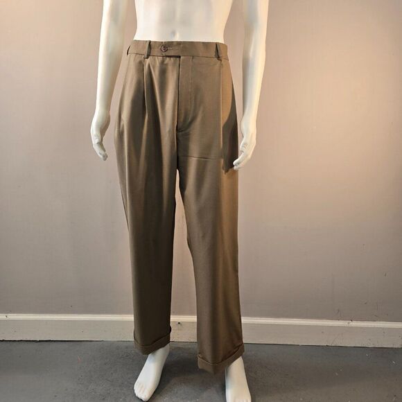 Grant Thomas Khaki Brown Wool Dress Pants Mens Sz 36 x 29 Pleated Classic Cuff - Picture 1 of 7